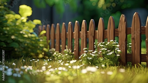 wooden fence and green grass with leaves, softly blurring the wooden fence and background. © Светлана Канунникова