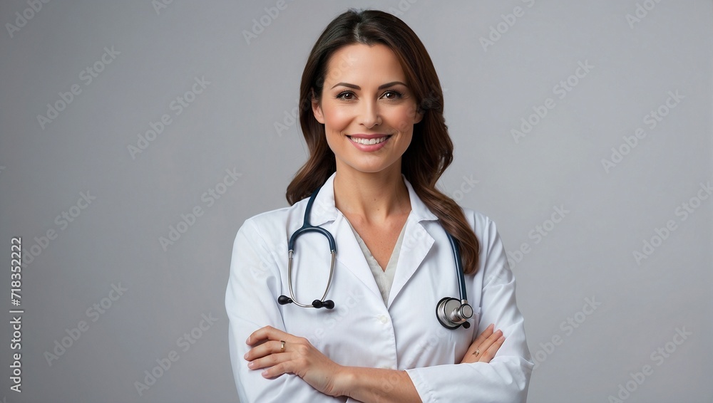 Female doctor in her thirties standing in isolated background, portrait studio shot Female doctor in her thirties standing in isolated background, portrait studio shot