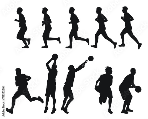 Vector set of male basketball players silhouettes, athletes runners. Basketball, athletics, running, cross, sprinting, jogging, walking
