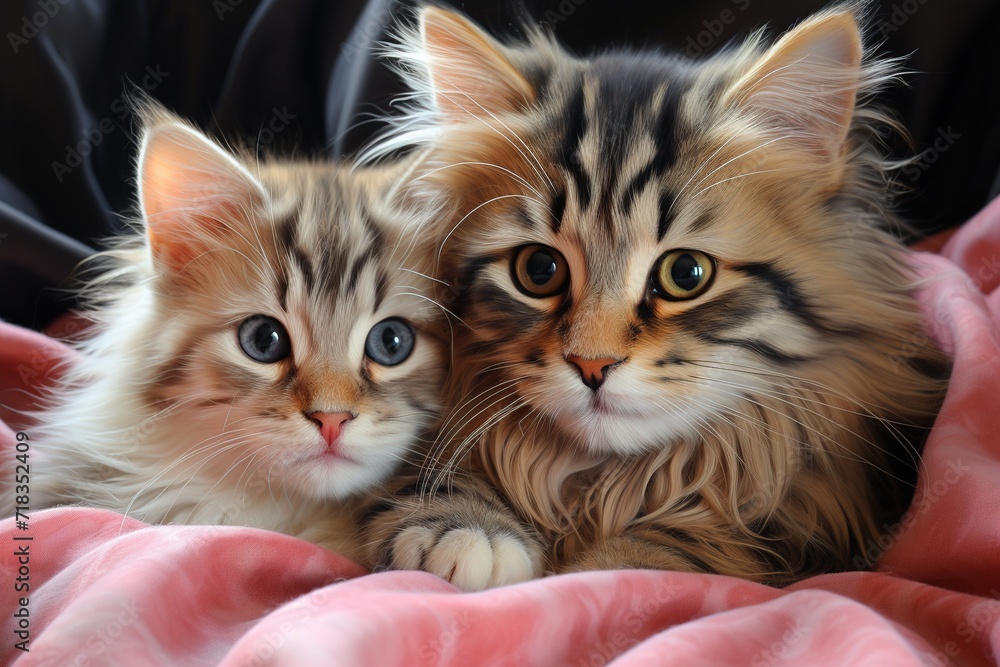 closeup portrait of a two fluffy tabby cats lying on a bed on a warm pink blanket