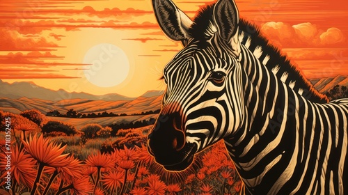 a painting of a zebra standing in a field of flowers with the sun setting in the sky in the background.