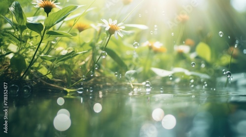  the sun shines through the leaves of a plant with water droplets on the ground and grass in the foreground.