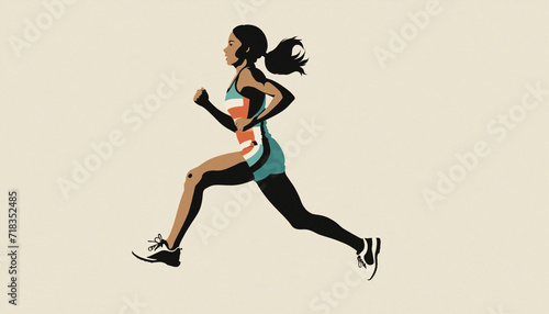 Retro-inspired vector silhouette of a woman sprinting. Quick running. Retro stripes background, posters, banners with vintage colors from the 70s, 80s, and 90s.