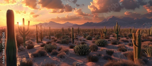 Beautiful cacti scattered all over the plateau with mountains in the background on a sunset view photo