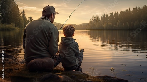 father and son engage in natural activities while fishing. Candid moments as they talk, catch bait, or enjoy the scenery.