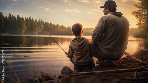 father and son engage in natural activities while fishing. Candid moments as they talk, catch bait, or enjoy the scenery.