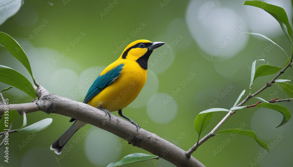 A colorful bird resting on a tree limb, surrounded by artificial intelligence-created natural scenery A colorful bird resting on a tree limb, surrounded by artificial intelligence-created natural scenery