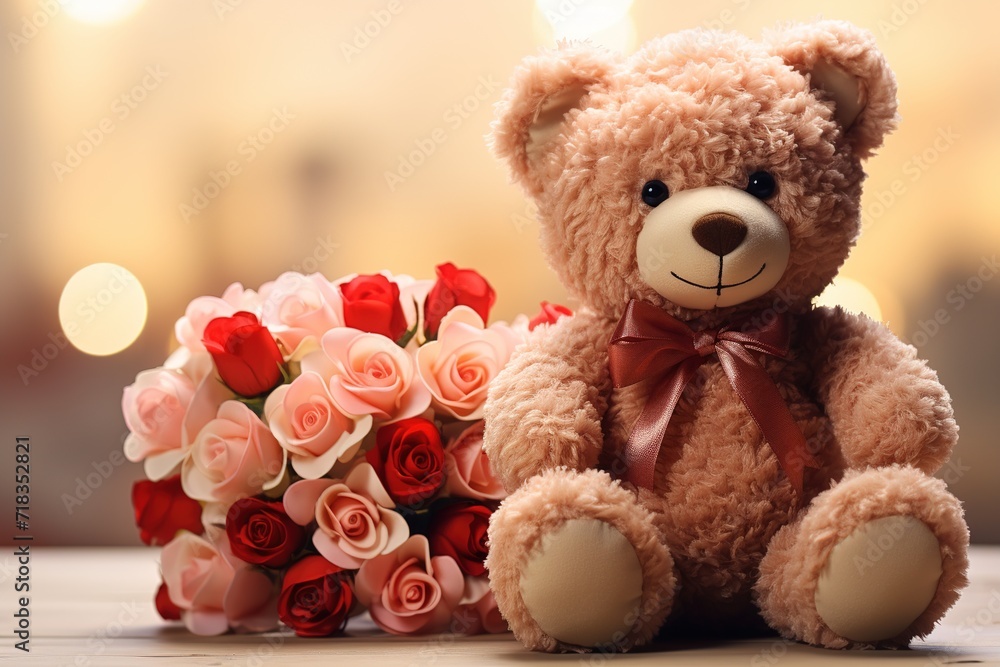 closeup adorable teddy bear with tie bow and bouquet of red and pink roses on blurred bokeh background