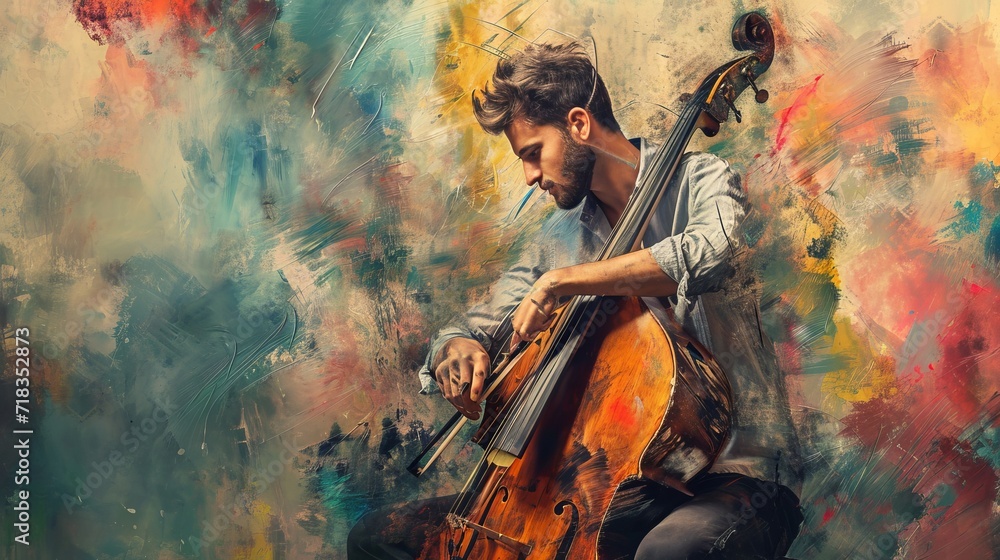 A skilled musician pours his soul into the strings of his cello, creating a masterpiece of music and art in this captivating painting
