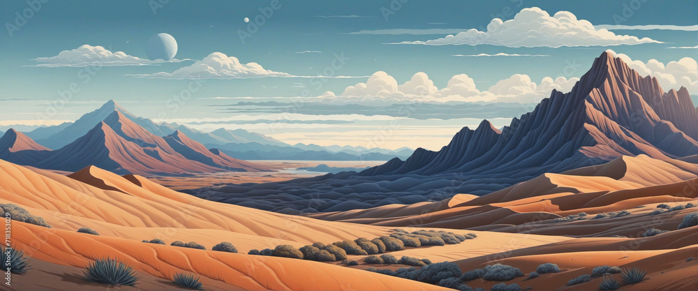 Hand-Drawn Mural Art of Diverse Travel Scenery with Nature, Coast, Hills, and Desert Dunes