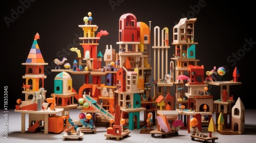  a bunch of toys that are stacked on top of each other in the shape of a city with people on top of it. © Anna