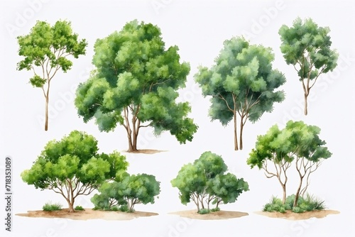 set of watercolor trees and bushes on white background  pastel color trees collection  summer green leaves