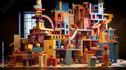  a multicolored model of a city made out of blocks and pieces of wood and a window is in the background.