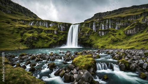 Scenic view of waterfall in iceland surrounded by grassy hills. Travel and adventure concept background.