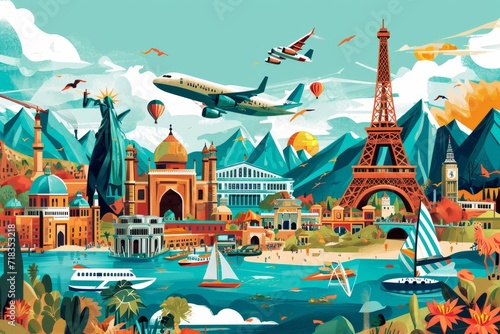 A vibrant painting of a cartoon airplane soaring through a bustling cityscape, captured in a dynamic illustration that showcases the beauty of flight and the excitement of outdoor adventure