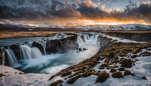 Scenic view of snowy waterfall in iceland during winter at sunset. Travel and adventure concept background.
