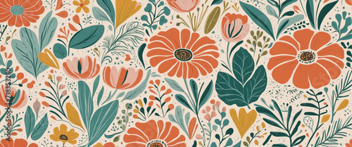 Colorful organic shapes seamless pattern set with geometric nature shapes on a cartoon background. Simple freehand flower symbol wallpaper in vintage pastel colors. photo