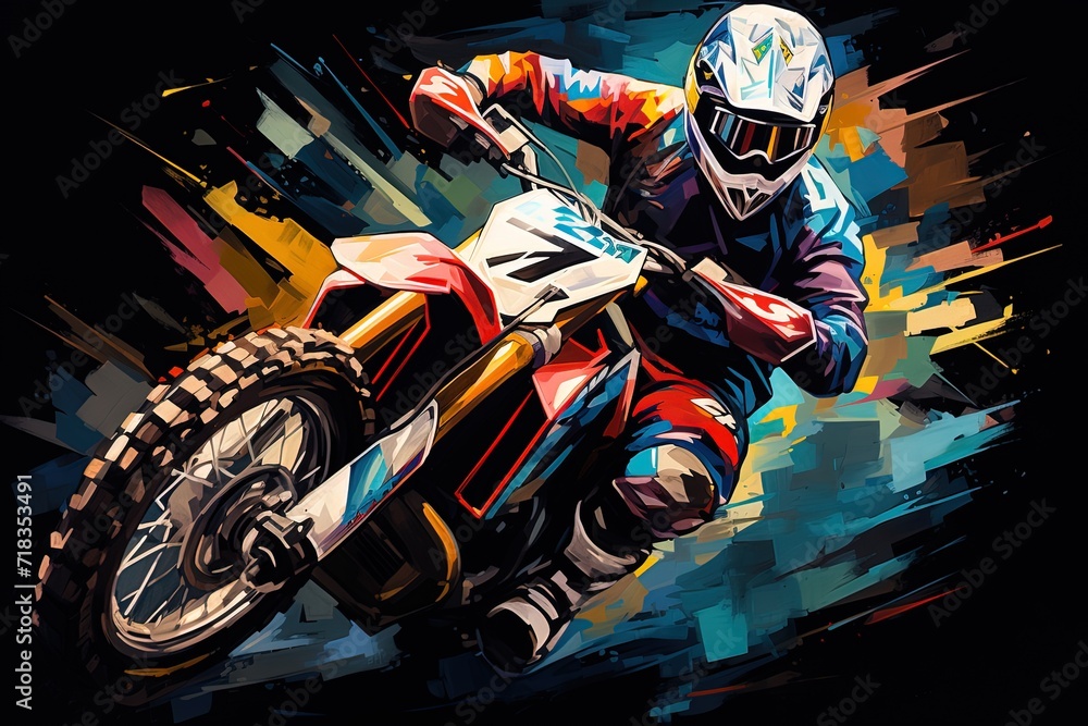 Abstract multicolored illustration of a motocross racer on a motorcycle