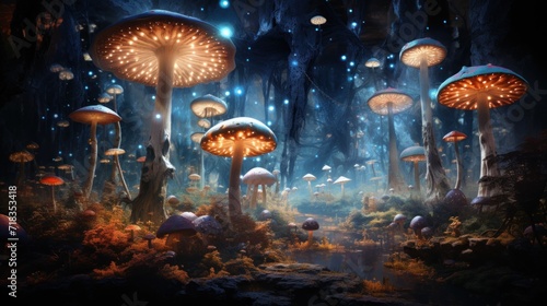  a group of mushrooms in the middle of a forest filled with lots of trees and mushrooms in the middle of a forest filled with lots of mushrooms.
