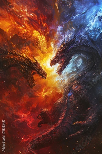 A fierce battle of mythical beasts engulfed in a fiery inferno amidst the vast expanse of the universe, painted with vivid strokes of nature and the ethereal beauty of outer space
