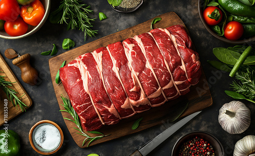 Butcher's choice ribeye steak with aromatic herbs, ripe tomatoes, gourmet meal preparation