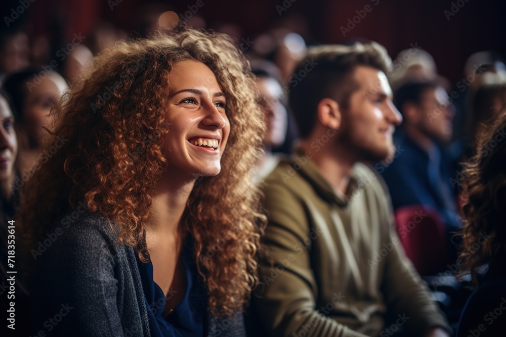 Smiling student young woman with curly hair in a group of diverse people sitting in a lecture hall