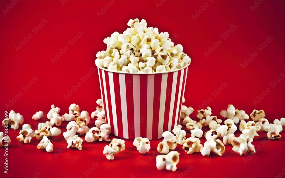 popcorn red white paper bucket isolated, red background, movies concept

