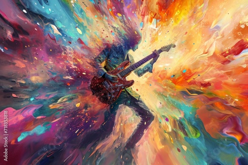 Vibrant strokes of acrylic paint come alive on the canvas as a musician's fingers strum a guitar, creating a masterpiece of modern art photo
