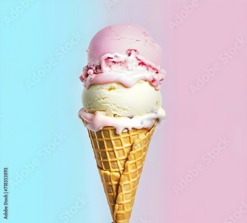 ice cream cone of different flavors, pastel colors background, vibrant colors 