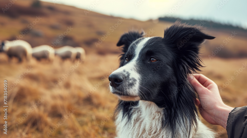 Border collie in a large green hilly meadow, caressed and thanked by his shepherd owner. Sheep are in the blurred background. Smart sheepdog. Border collie in a large green hilly meadow, caressed and thanked by his shepherd owner. Sheep are in the blurred background. Smart sheepdog.