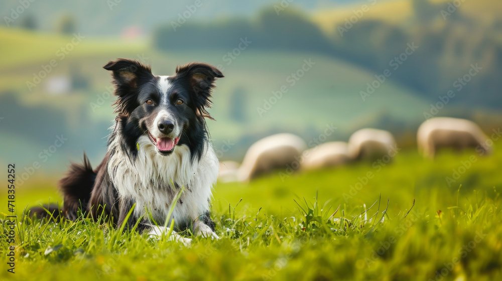 Border collie in a large green hilly meadow. Sheep are in the blurred background. Smart sheepdog. Border collie in a large green hilly meadow. Sheep are in the blurred background. Smart sheepdog.