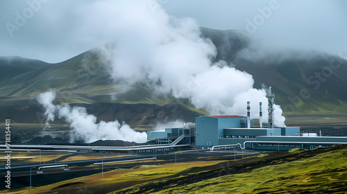Geothermal energy station amidst volcanic terrain with rising steam and overcast sky
