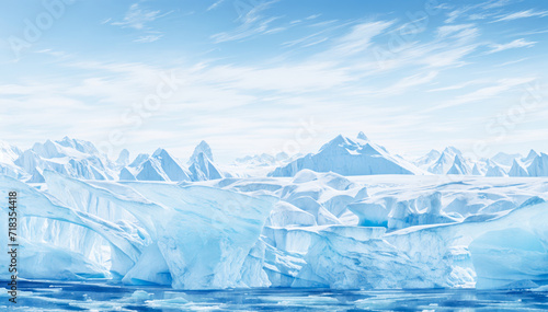 An icy blue landscape of icebergs and mountains under a blue sky