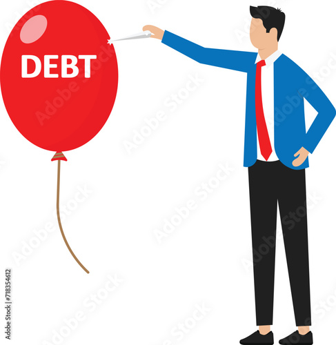 Hand with needle pierces the balloon debt concept,
