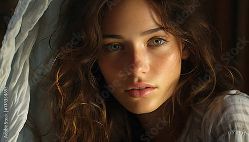 Beautiful woman with brown hair looking at camera generated by AI