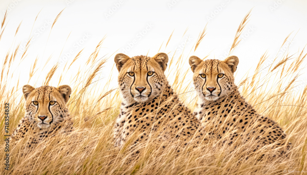 cheetahs are sitting in tall yellow grass yellow eyes and black spots
