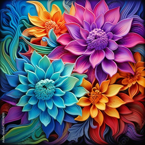 Colorful flower painting with a blue background and a pink flower looks beautiful