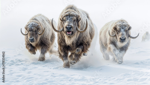 muskoxen are running through the snow photo