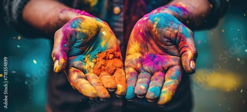 Close-up of hands covered in Holi colors, showcasing the playful and colorful nature of the festival. Banner.