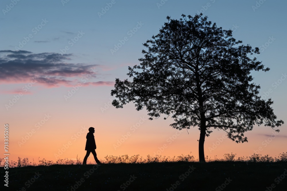 A solitary figure strolls through the sun-drenched field, the tree casting a striking silhouette against the vibrant sky, as the gentle rustle of grass and the warm glow of sunset create a serene and A solitary figure strolls through the sun-drenched field, the tree casting a striking silhouette against the vibrant sky, as the gentle rustle of grass and the warm glow of sunset create a serene and