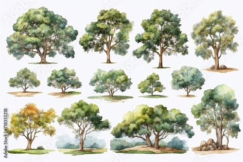 collection of watercolour trees isolated on white backdrop © Jan
