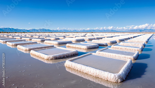 salt pan with square salt blocks lined up in rows reflecting in the water photo
