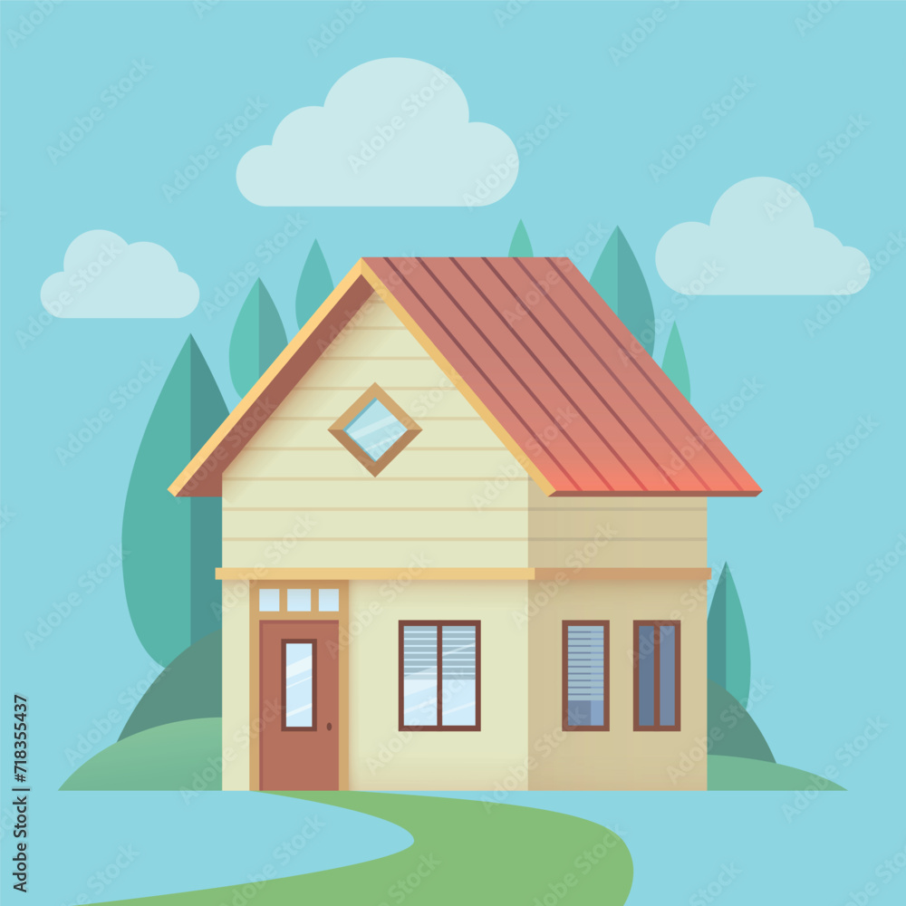 Cozy flat design house illustration with minimalistic trees and hills. Siding and tiled roof house design Cozy flat design house illustration with minimalistic trees and hills. Siding and tiled roof house design