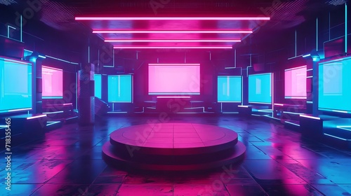 abstract video game of scifi gaming red blue vs e-sports backgound  vr virtual reality simulation and metaverse  scene stand pedestal stage  3d illustration rendering  futuristic neon glow room 