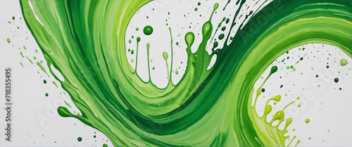 Green acrylic paint splatter on white canvas with brush strokes and textured finish. Fluid abstract pattern created with hand-drawn acrylic.