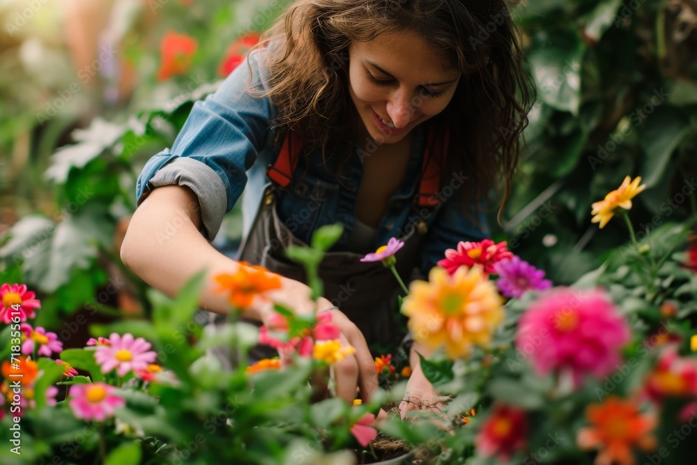 Naklejka premium A girl adorned in colorful clothing tends to a beautiful annual flower in an outdoor garden, creating a stunning floral design with delicate petals under the guidance of a skilled florist