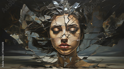 Mirror of Desolation Illustration Conveying the Shattered Sense of Self in Depression's Distorted Reality - AI