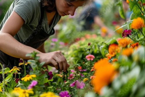 A woman stands amidst a sea of vibrant annual plants, her flowing clothing mirroring the delicate petals of the calendula, as she tends to her herbaceous garden with her beloved pet by her side © AiAgency