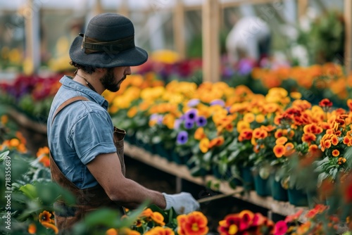 A green-thumbed gentleman sporting a sun hat tends to his beloved annual plants in the warm glow of the outdoor sun, all while dressed in his gardening attire