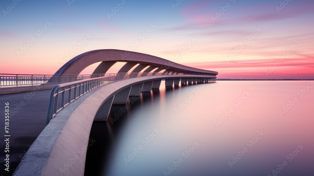 Obraz premium a bridge over a body of water with a pink and blue sky in the background and a pink and blue sky in the foreground.